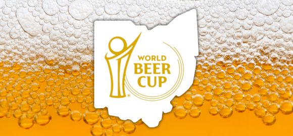 The world beer cup logo sits inside an outline of the state of Ohio with a background of beer to celebrate the World Beer Cup wins in the state for 2024.