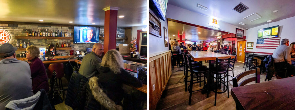 Two photos of the inside of the Gano Tavern in West Chester that showcase the busy bar and it's many tables for seating inside.