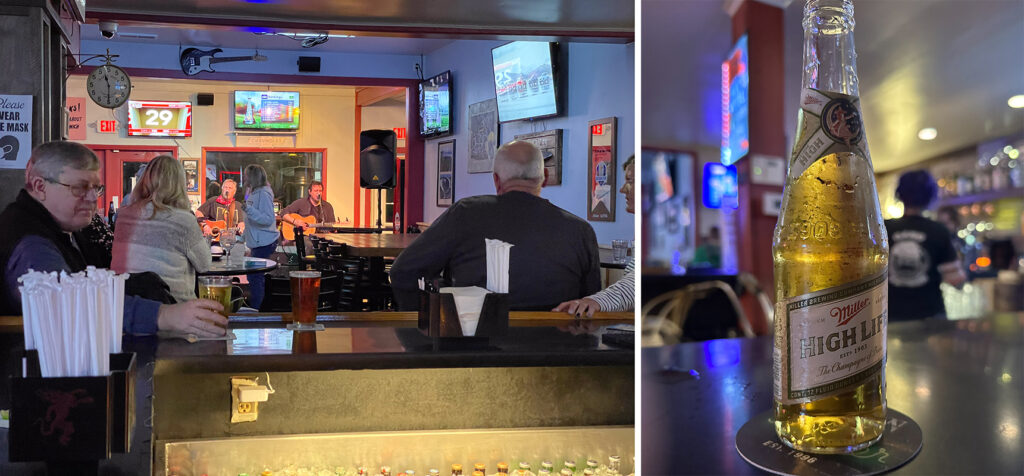 Two photos, one of folks enjoying live music at a bar, the other of a cold bottle of Miller High Life sitting on the bar.