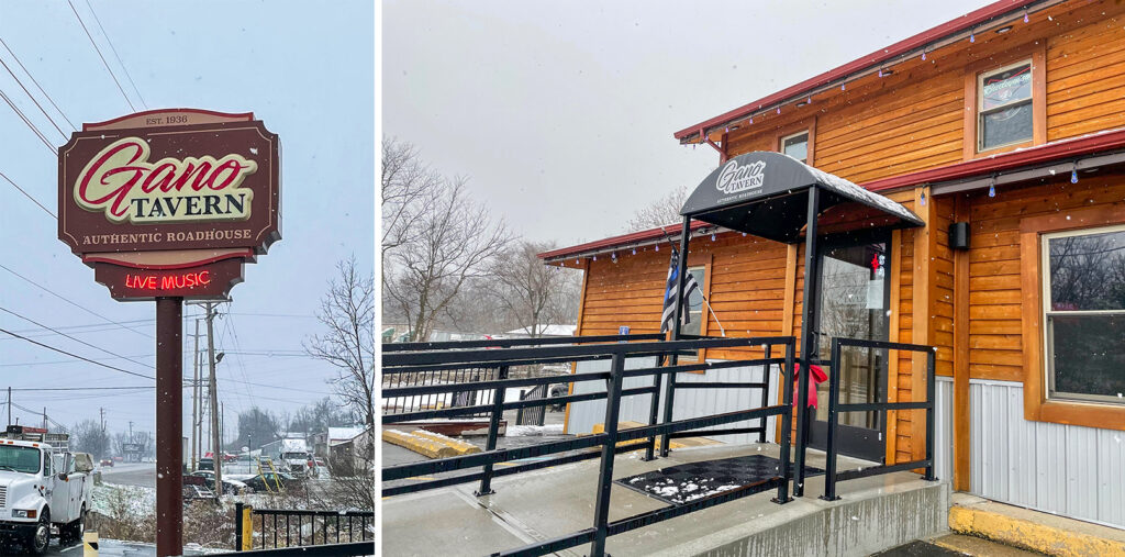 Two photos of the renovated outside of the Gano Tavern in winter with snow blowing all around.