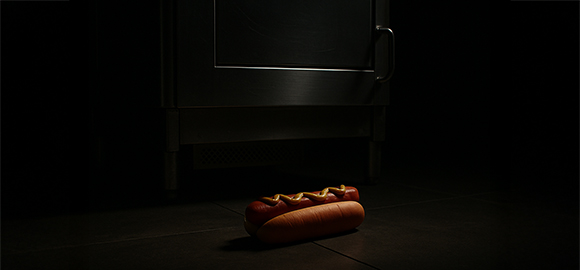 ChatGPT created image of a Hot Dog on the floor in front of a commerical dishwasher.