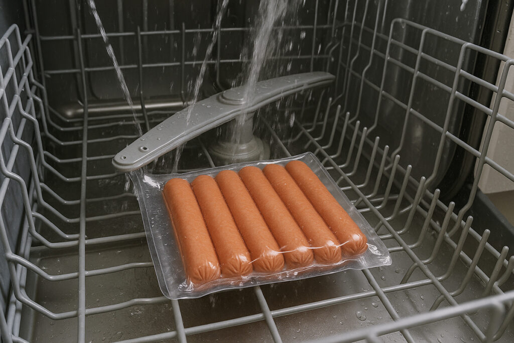 An AI image of a pack of hot dogs running in a dishwasher.