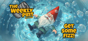A Lawn Gnome floating in a fizzy pool of water... or seltzer... or vodka soda, maybe?